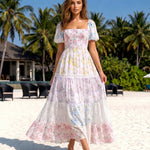 Pastel Floral Print Puff Sleeve Tiered Maxi Dress