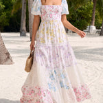 Pastel Floral Print Puff Sleeve Tiered Maxi Dress