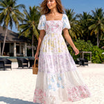 Pastel Floral Print Puff Sleeve Tiered Maxi Dress