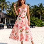 Pink Floral Lace Up Fit and Flare Midi Dress