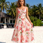 Pink Floral Lace Up Fit and Flare Midi Dress