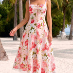 Pink Floral Lace Up Fit and Flare Midi Dress