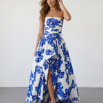 White Blue Floral Strapless Slim Fit Maxi Dress
