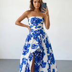 White Blue Floral Strapless Slim Fit Maxi Dress