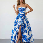 White Blue Floral Strapless Slim Fit Maxi Dress