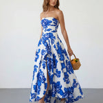 White Blue Floral Strapless Slim Fit Maxi Dress