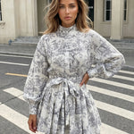Gray Landscape Print High Neck Belted Long Sleeve Mini Dress