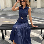 Navy Blue Belted Button Front Regular Fit Midi Shirt Dress