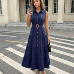 Navy Blue Belted Button Front Regular Fit Midi Shirt Dress