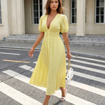 Yellow V-neck Button Front Smocked Slim Fit Midi Dress