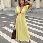 Yellow V-neck Button Front Smocked Slim Fit Midi Dress