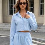 Blue Striped Button Down Relaxed Cropped Shirt