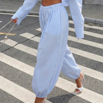 Blue Striped Cotton Harem Relaxed Fit Ankle Length Pants