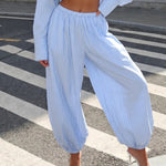 Blue Striped Cotton Harem Relaxed Fit Ankle Length Pants