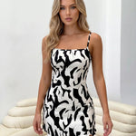 White Abstract Print Square Neck Spaghetti Strap Mini Dress
