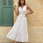 White Eyelet Embroidery Sleeveless Tiered Maxi Dress