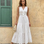 White Eyelet Embroidery Sleeveless Tiered Maxi Dress