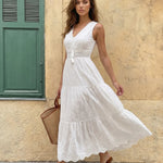 White Eyelet Embroidery Sleeveless Tiered Maxi Dress