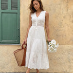 White Eyelet Embroidery Sleeveless Tiered Maxi Dress