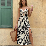 Beige Leaf Print Halter Neck Cutout Midi Dress