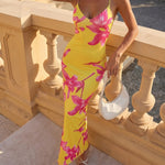 Yellow Pink Floral Soft Stretchy Slim Fit Maxi Dress