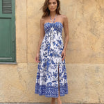 Blue Floral Print Halter Neck Tiered Midi Dress