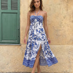 Blue Floral Print Halter Neck Tiered Midi Dress