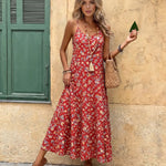 Red Floral Print V-Neck Spaghetti Strap Maxi Dress