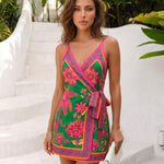 Green Tropical Print Wrap V Neck Tie Waist Mini Dress