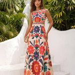 3D Floral Print Round Neck Sleeveless A-Line Maxi Dress