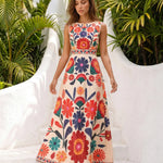 3D Floral Print Round Neck Sleeveless A-Line Maxi Dress