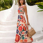 3D Floral Print Round Neck Sleeveless A-Line Maxi Dress