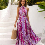 Purple Chain Print Halter Neck Pleated Maxi Dress