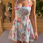 Light Blue Floral Print Button Front Halter Slim Fit Mini Dress