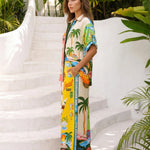 Tropical Print Short Sleeve Shirt and Wide Leg Pants Set