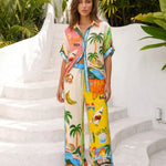 Tropical Print Short Sleeve Shirt and Wide Leg Pants Set