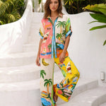 Tropical Print Short Sleeve Shirt and Wide Leg Pants Set
