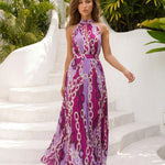 Purple Chain Print Halter Neck Pleated Maxi Dress