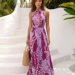 Purple Chain Print Halter Neck Pleated Maxi Dress