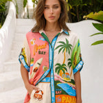 Tropical Print Short Sleeve Shirt and Wide Leg Pants Set