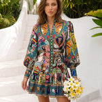 Colorful Art Print Stand Collar Long Sleeve Shirt Dress