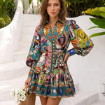 Colorful Art Print Stand Collar Long Sleeve Shirt Dress
