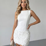 White 3D Rose Applique Sleeveless Open Back Bodycon Mini Dress