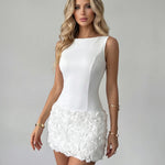White 3D Rose Applique Sleeveless Open Back Bodycon Mini Dress