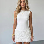 White 3D Rose Applique Sleeveless Open Back Bodycon Mini Dress