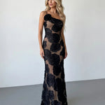 Black Floral Applique One Shoulder Mesh Mermaid Maxi Dress