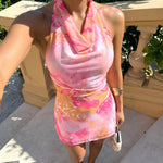 Pink Orange Abstract Print Halter Mini Dress