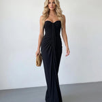 Black Strapless Ruched Draped Mermaid Maxi Dress