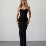 Black Strapless Ruched Draped Mermaid Maxi Dress