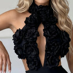 Black 3D Floral Halter Neck Cutout Lace Up Mermaid Maxi Dress